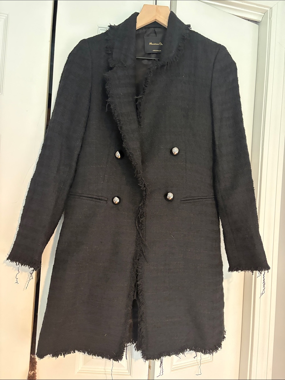 Massimo Dutti Black Frayed-Edge Double-Breasted Blazer Coat